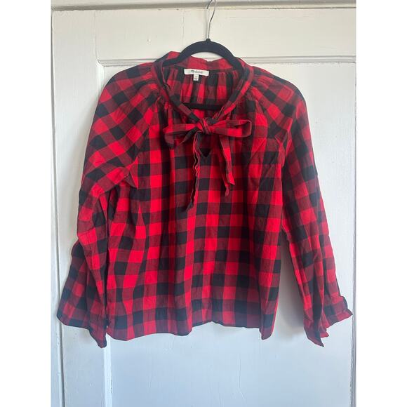 Madewell Buffalo Check Tie-Neck Shirt Red Black M - Picture 5 of 11
